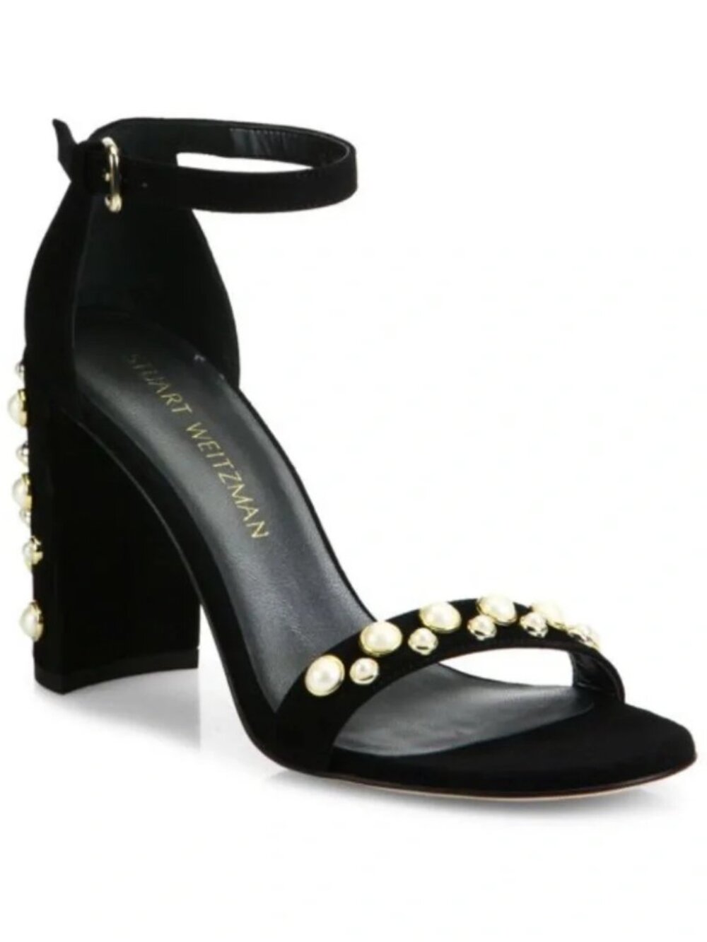Womens Stuart Weitzman Black Suede Pearl Bead Strappy Block Heel Sandals 8
